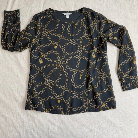 Banana Republic Black Chain Link Print Blouse Size Small - Picture 1 of 9